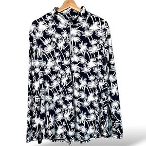 EMERALD 18 Navy & White Tropical Print Long Sleeve 1/4 Zip Golf Shirt SPF 50 XL